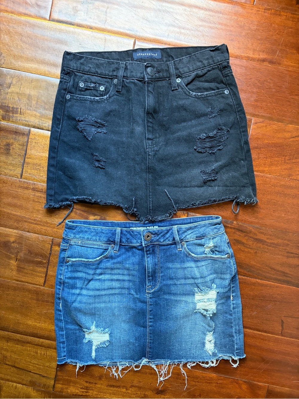 Aeropostale Black and American Rag Blue Distressed Denim Mini Skirts (Set of 2)
